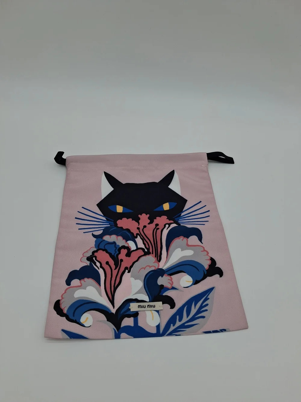 MIU MIU Pink Black Cat Floral Drawstring Dust Bag Pouch Luxury Packaging